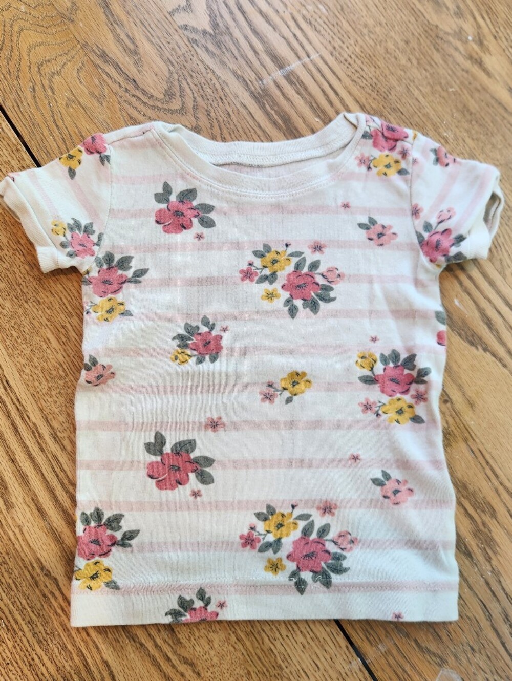 Old Navy Pink & Yellow Floral Striped Short Sleeve Tee